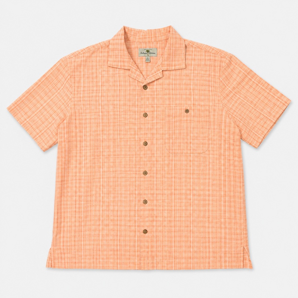 Island Shores Camp Shirt Mens XL Peach Plaid Rayon Blend Casual Resort